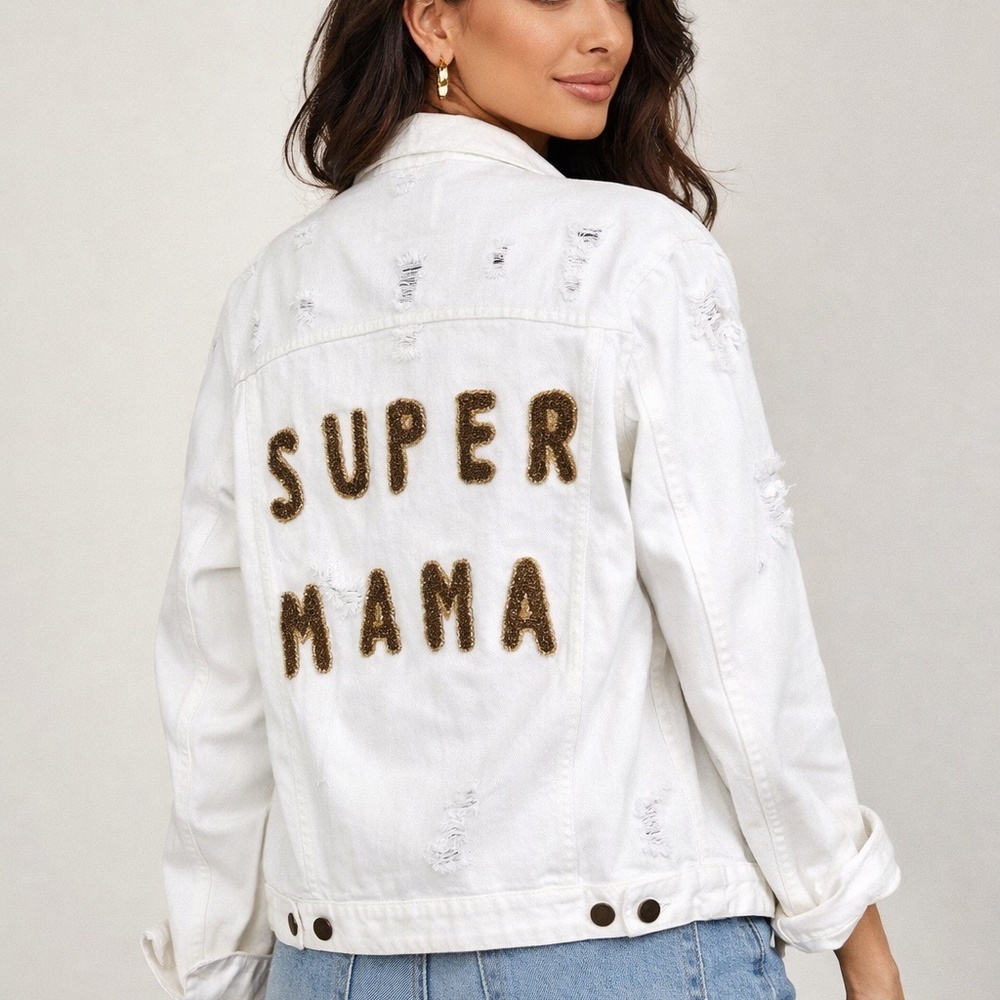 SUPER MAMA Denim Jacket – White Distressed Style – Mother’s Day Gift Idea